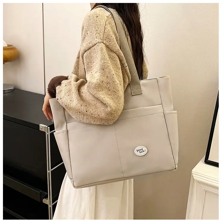 Women Large Canvas Tote Bag Beige Black Sturdy Durable — feature 26