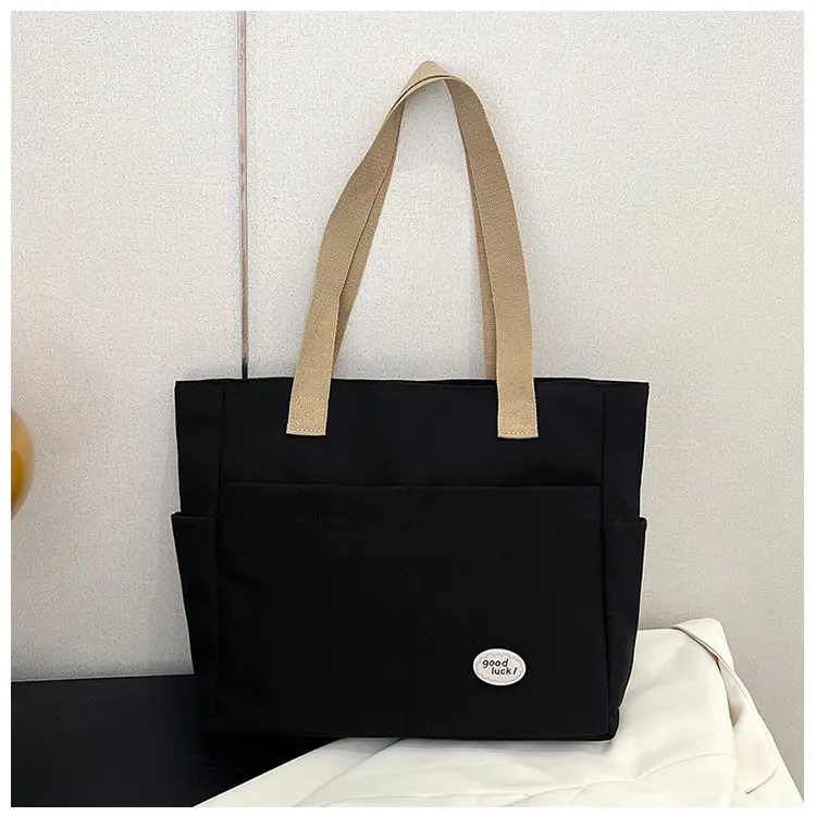 Women Large Canvas Tote Bag Beige Black Sturdy Durable — feature 29
