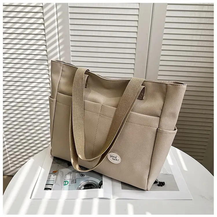 Women Large Canvas Tote Bag Beige Black Sturdy Durable — feature 3