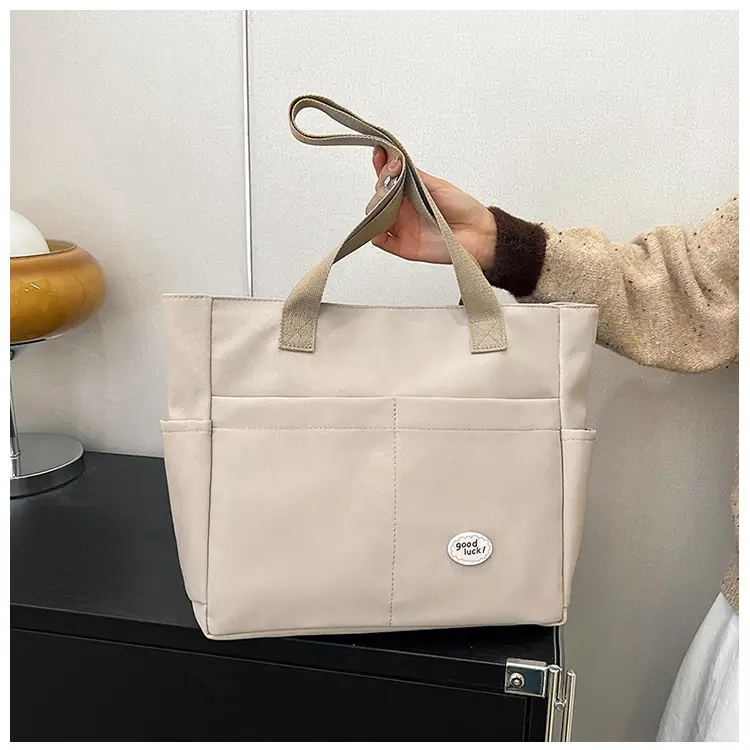 Women Large Canvas Tote Bag Beige Black Sturdy Durable — feature 30