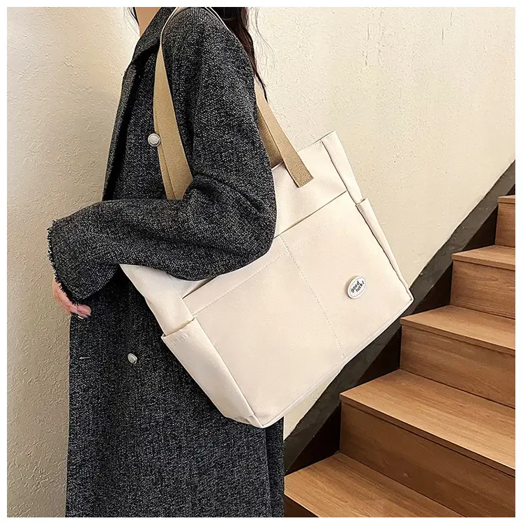 Women Large Canvas Tote Bag Beige Black Sturdy Durable — feature 31