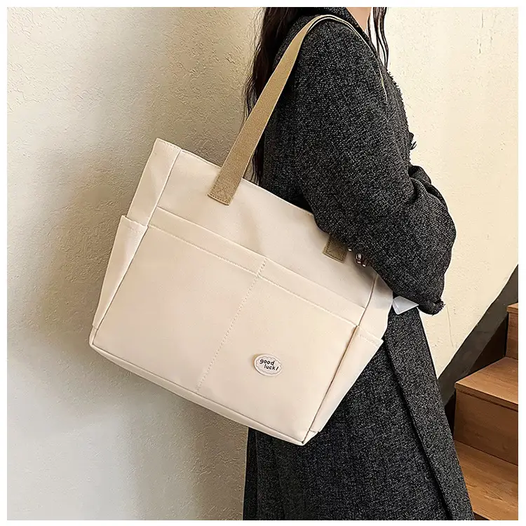 Women Large Canvas Tote Bag Beige Black Sturdy Durable — feature 32