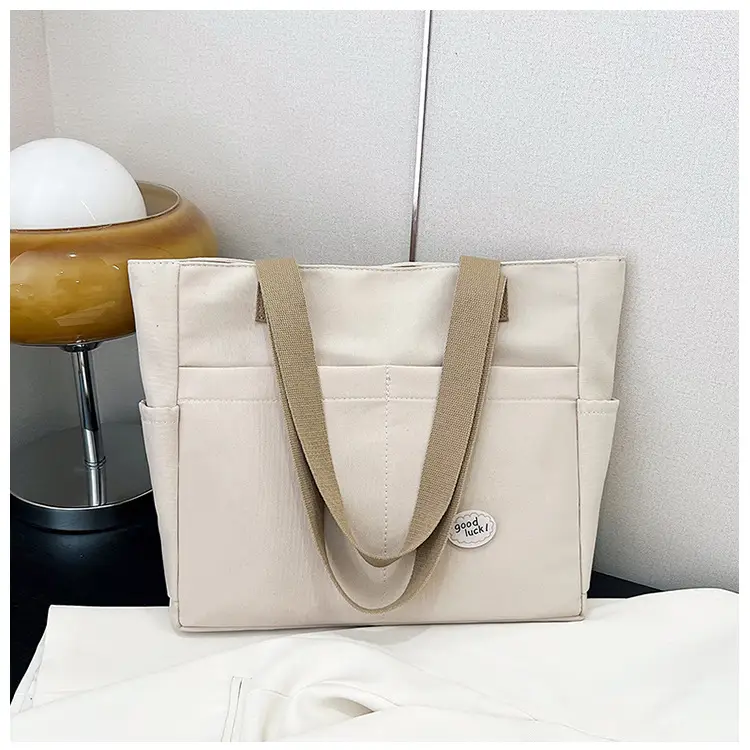 Women Large Canvas Tote Bag Beige Black Sturdy Durable — feature 34