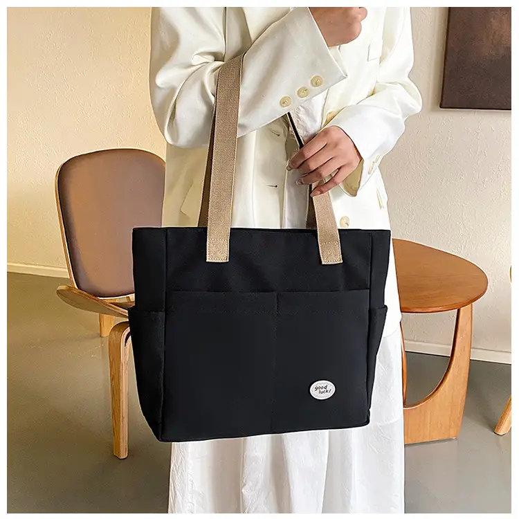 Women Large Canvas Tote Bag Beige Black Sturdy Durable — feature 36