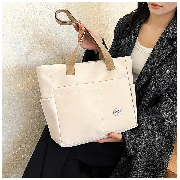 Women Large Canvas Tote Bag Beige Black Sturdy Durable — feature 37