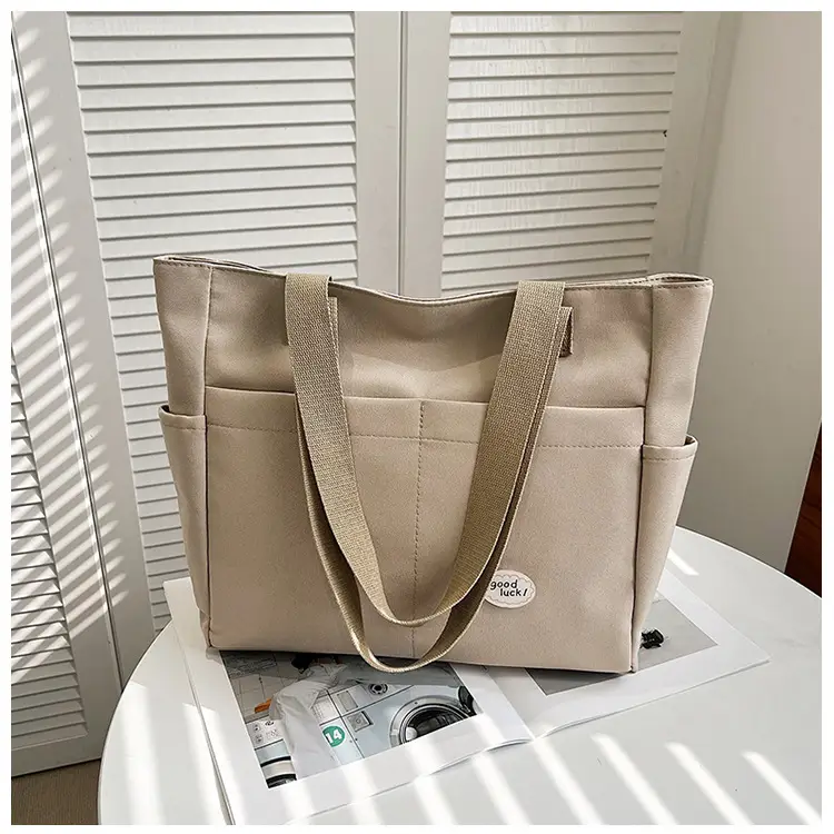 Women Large Canvas Tote Bag Beige Black Sturdy Durable — feature 39