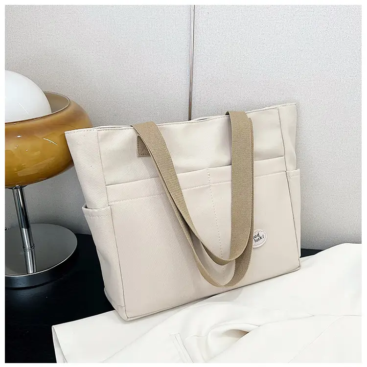 Women Large Canvas Tote Bag Beige Black Sturdy Durable — feature 4
