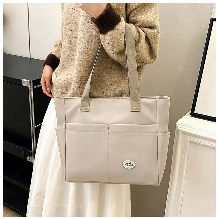 Women Large Canvas Tote Bag Beige Black Sturdy Durable — feature 41