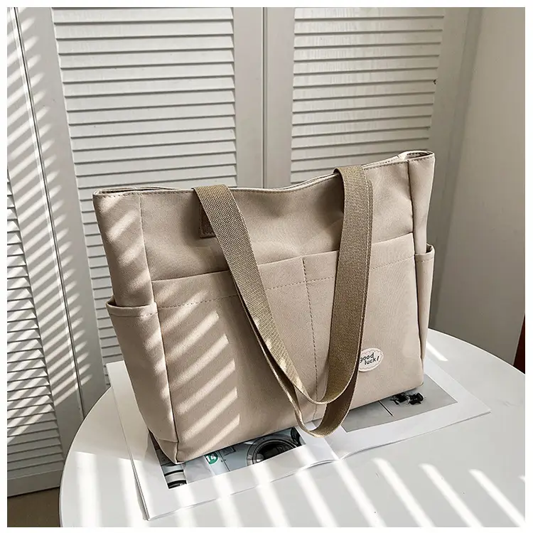 Women Large Canvas Tote Bag Beige Black Sturdy Durable — feature 42