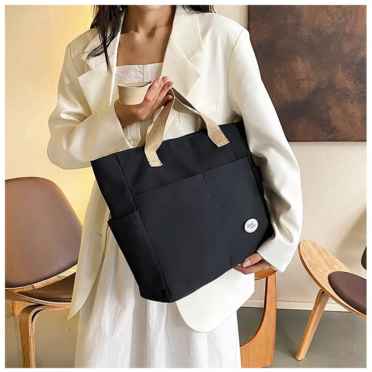 Women Large Canvas Tote Bag Beige Black Sturdy Durable — feature 43