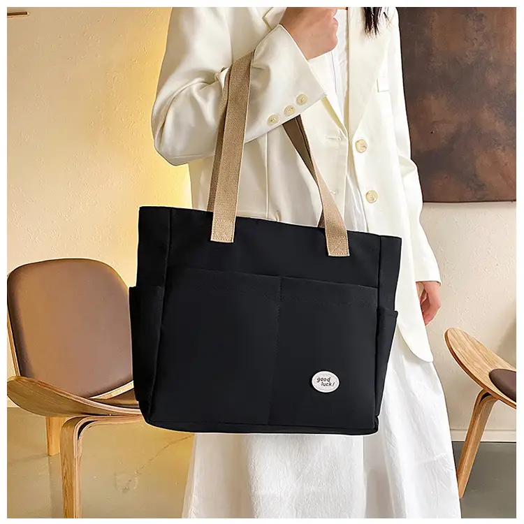 Women Large Canvas Tote Bag Beige Black Sturdy Durable — feature 44