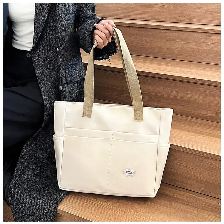 Women Large Canvas Tote Bag Beige Black Sturdy Durable — feature 47