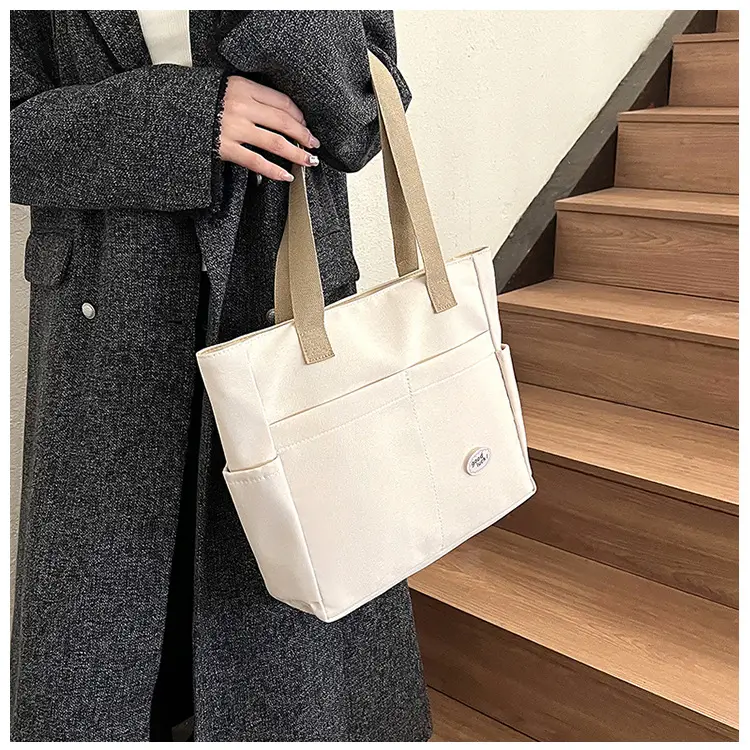 Women Large Canvas Tote Bag Beige Black Sturdy Durable — feature 49
