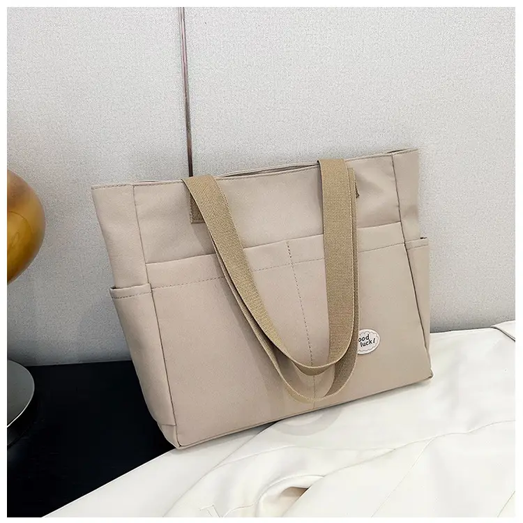 Women Large Canvas Tote Bag Beige Black Sturdy Durable — feature 5