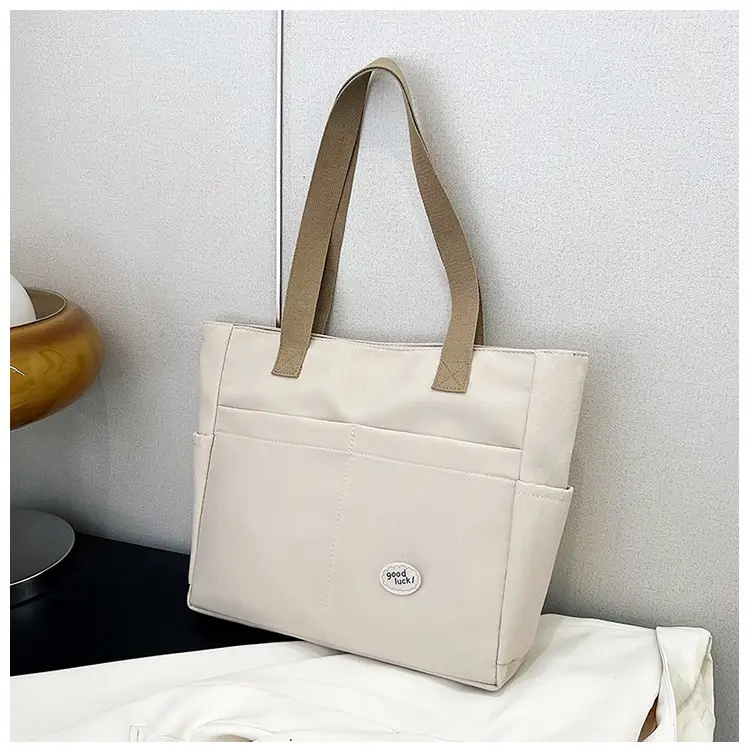 Women Large Canvas Tote Bag Beige Black Sturdy Durable — feature 6