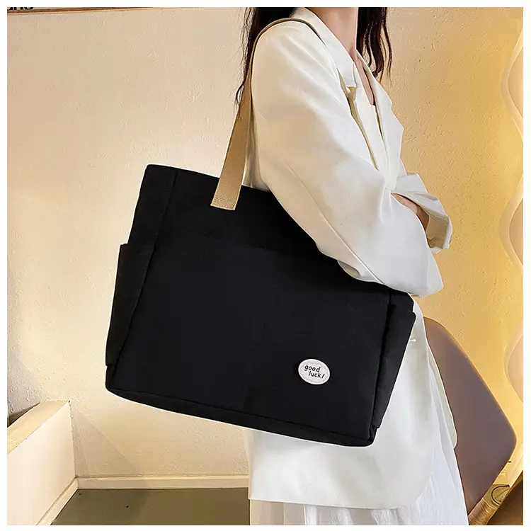 Women Large Canvas Tote Bag Beige Black Sturdy Durable — feature 7