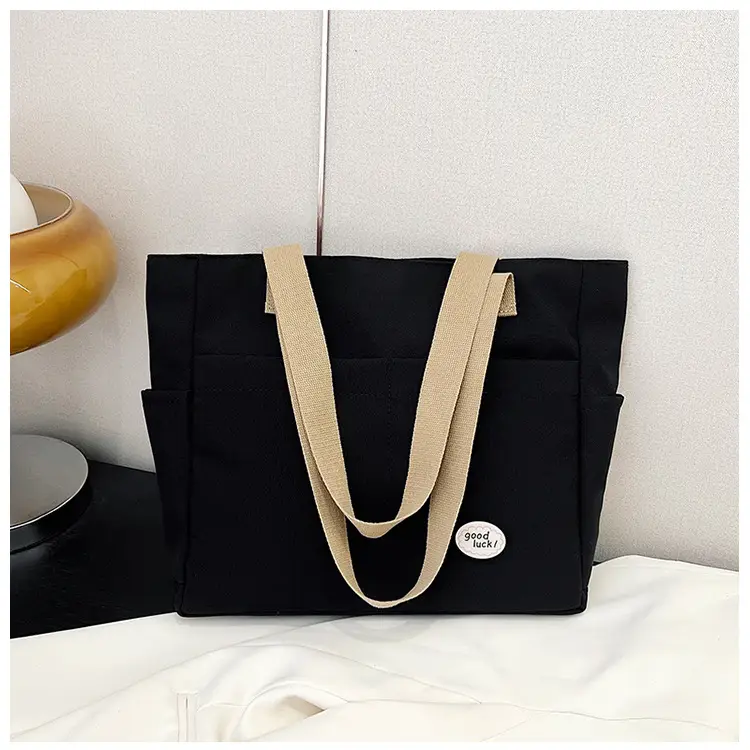 Women Large Canvas Tote Bag Beige Black Sturdy Durable — feature 8