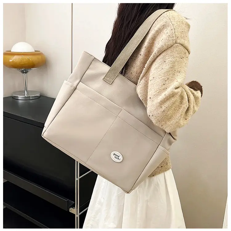 Women Large Canvas Tote Bag Beige Black Sturdy Durable — feature 9