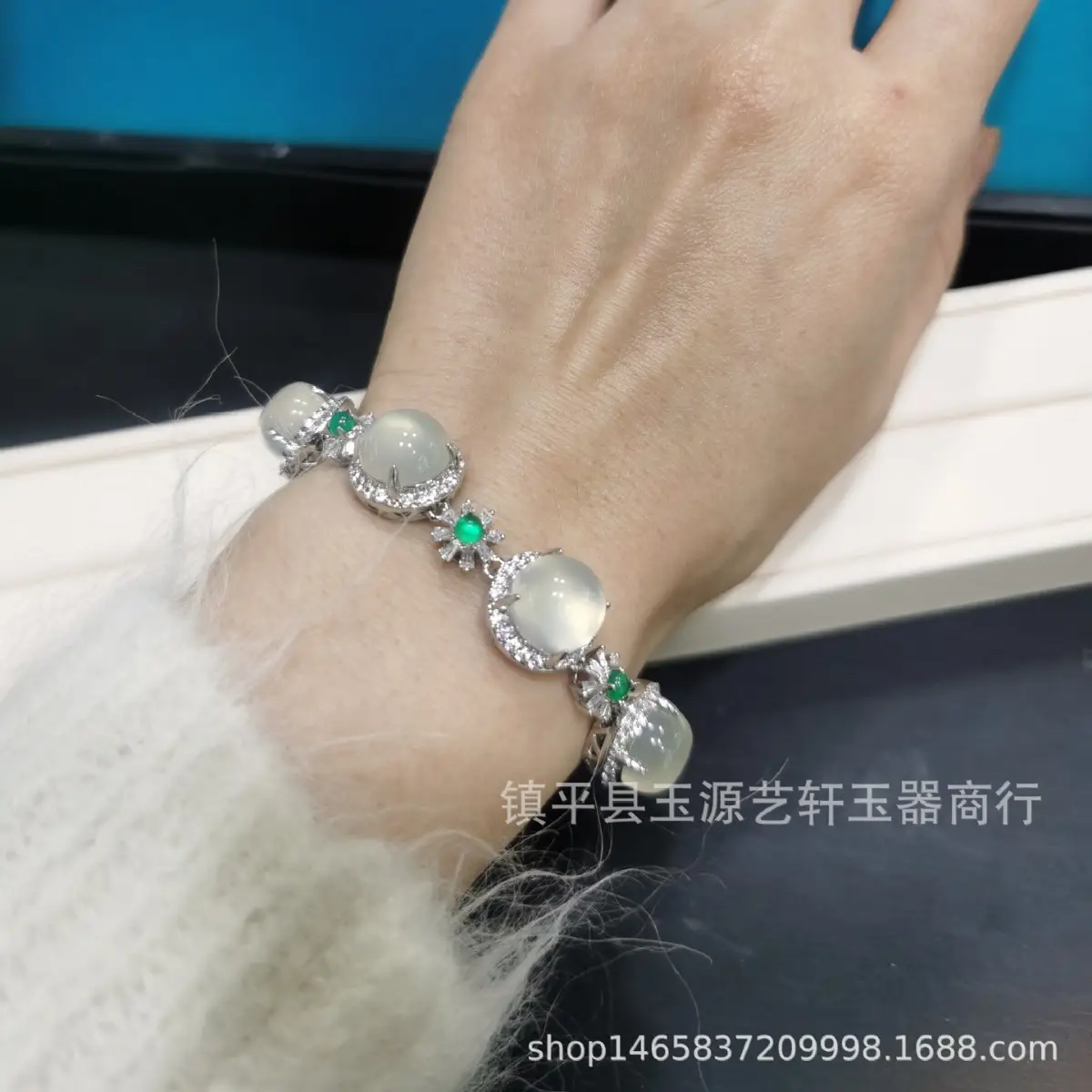 Silver Plated Jadeite Bracelet with Green Gemstones - Image 6