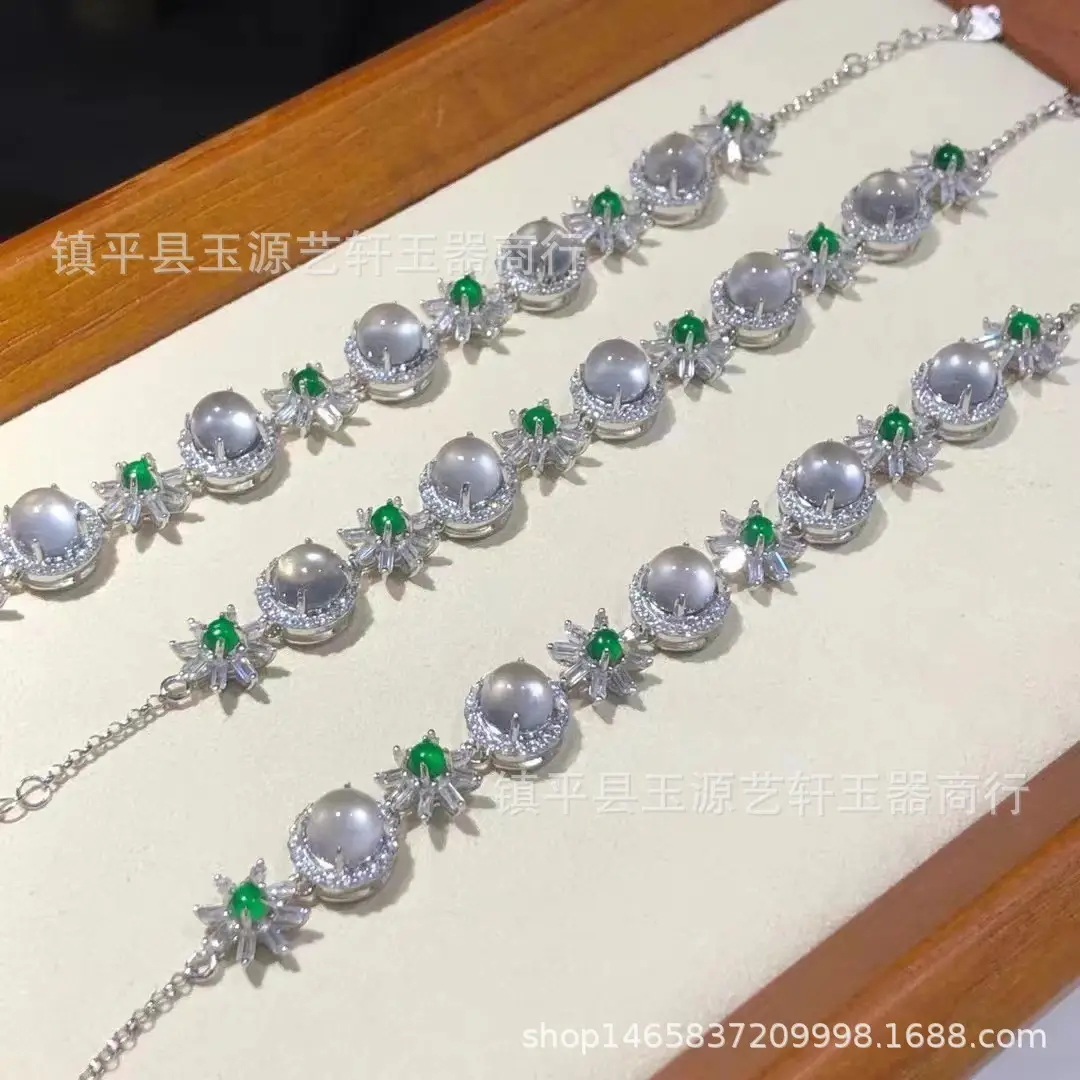 Silver Plated Jadeite Bracelet with Green Gemstones — feature 1