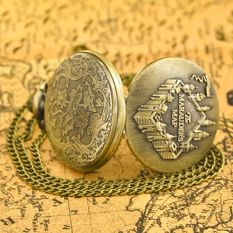 Vintage Map Bronze Pocket Watch with Castle Design — feature 4