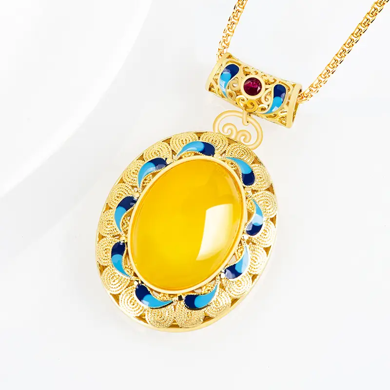 Copper Gold Plated Yellow Onyx Jade Pendant Necklace