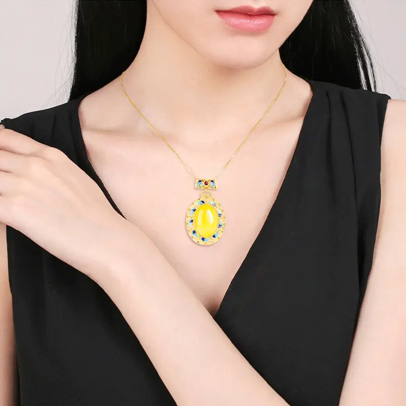 Copper Gold Plated Yellow Onyx Jade Pendant Necklace