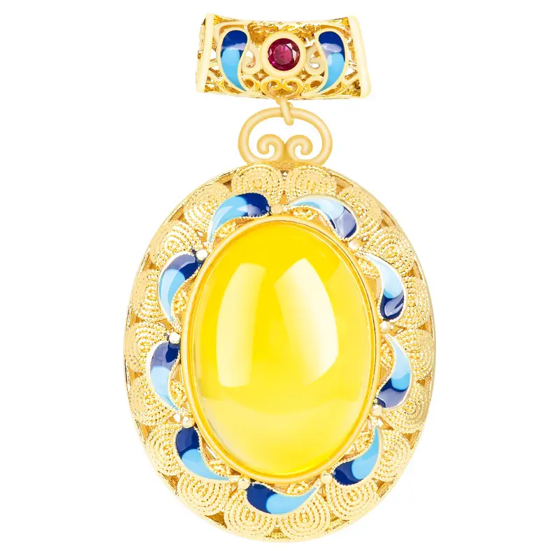 Copper Gold Plated Yellow Onyx Jade Pendant Necklace
