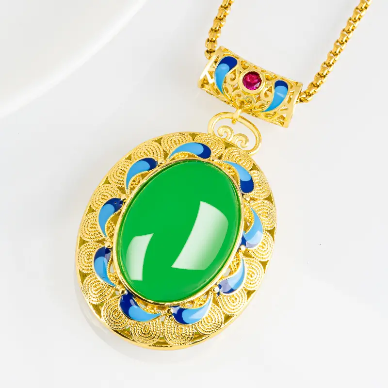 Natural Green Agate Egg Pendant Women's Necklace Gold Plated - Image 3