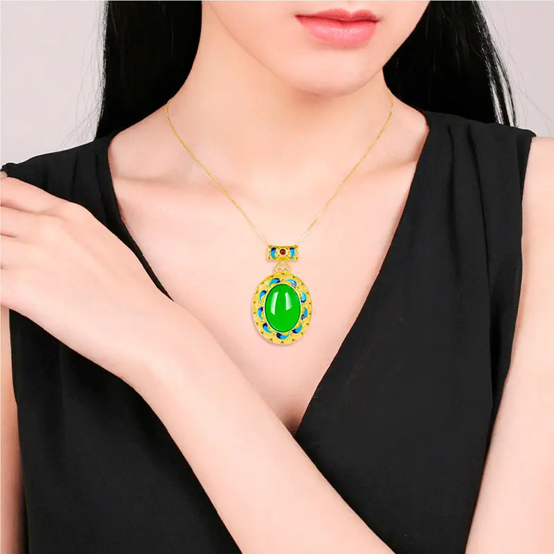 Natural Green Agate Egg Pendant Women's Necklace Gold Plated - Image 5