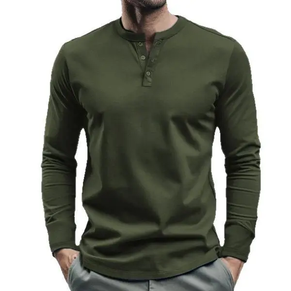 Men Long Sleeve Grey Twill T-Shirt Henry Collar
