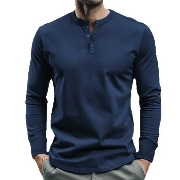 Men Long Sleeve Grey Twill T-Shirt Henry Collar