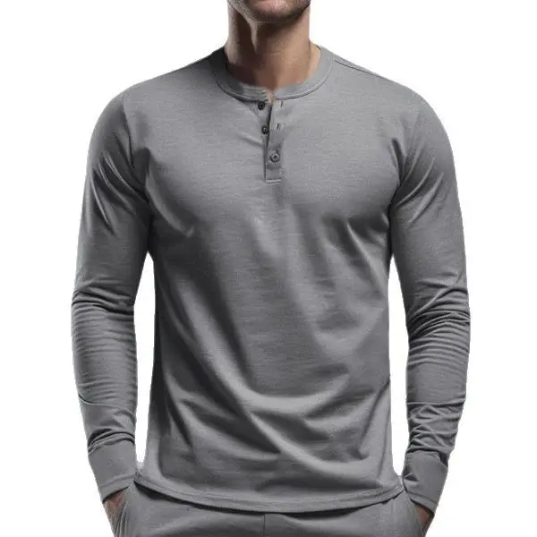 Men Long Sleeve Grey Twill T-Shirt Henry Collar