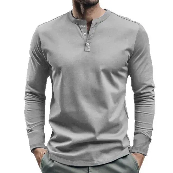 Men Long Sleeve Grey Twill T-Shirt Henry Collar