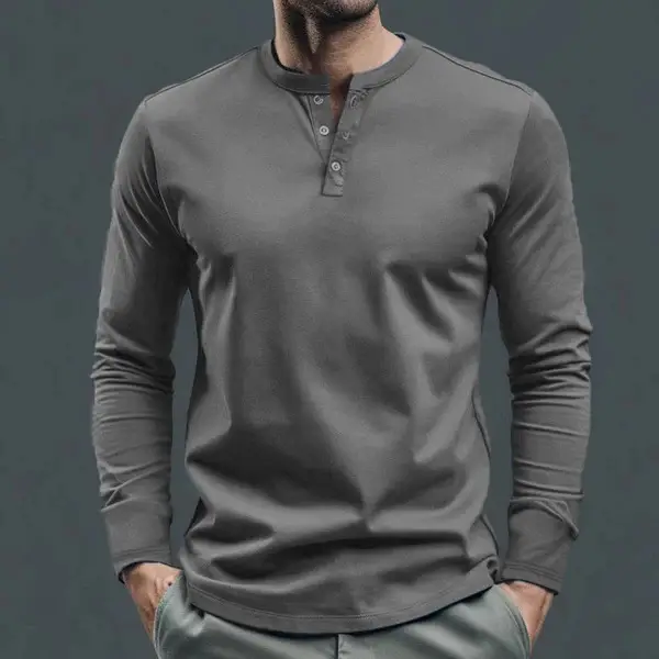 Men Long Sleeve Grey Twill T-Shirt Henry Collar — feature 10