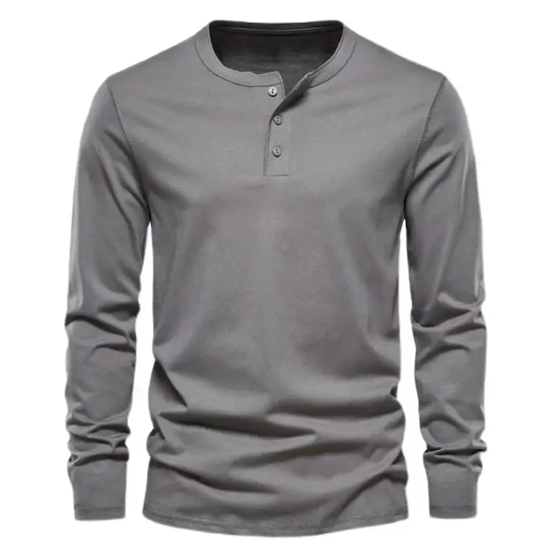 Men Long Sleeve Grey Twill T-Shirt Henry Collar — feature 11