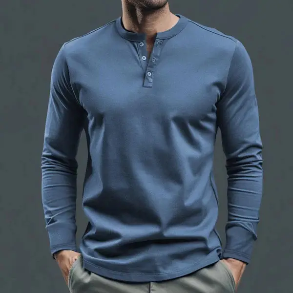 Men Long Sleeve Grey Twill T-Shirt Henry Collar — feature 14