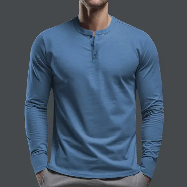 Men Long Sleeve Grey Twill T-Shirt Henry Collar — feature 15