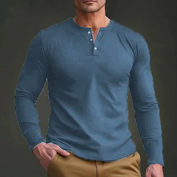 Men Long Sleeve Grey Twill T-Shirt Henry Collar — feature 17