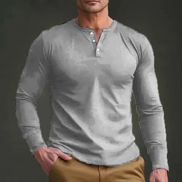 Men Long Sleeve Grey Twill T-Shirt Henry Collar — feature 19