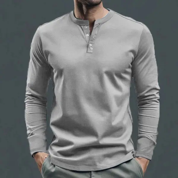 Men Long Sleeve Grey Twill T-Shirt Henry Collar — feature 20