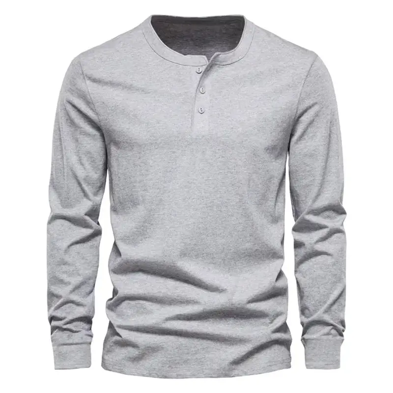 Men Long Sleeve Grey Twill T-Shirt Henry Collar — feature 22