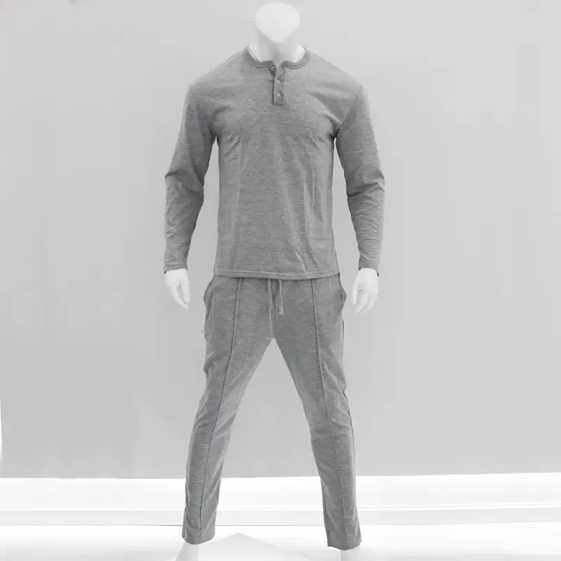 Men Long Sleeve Grey Twill T-Shirt Henry Collar — feature 24