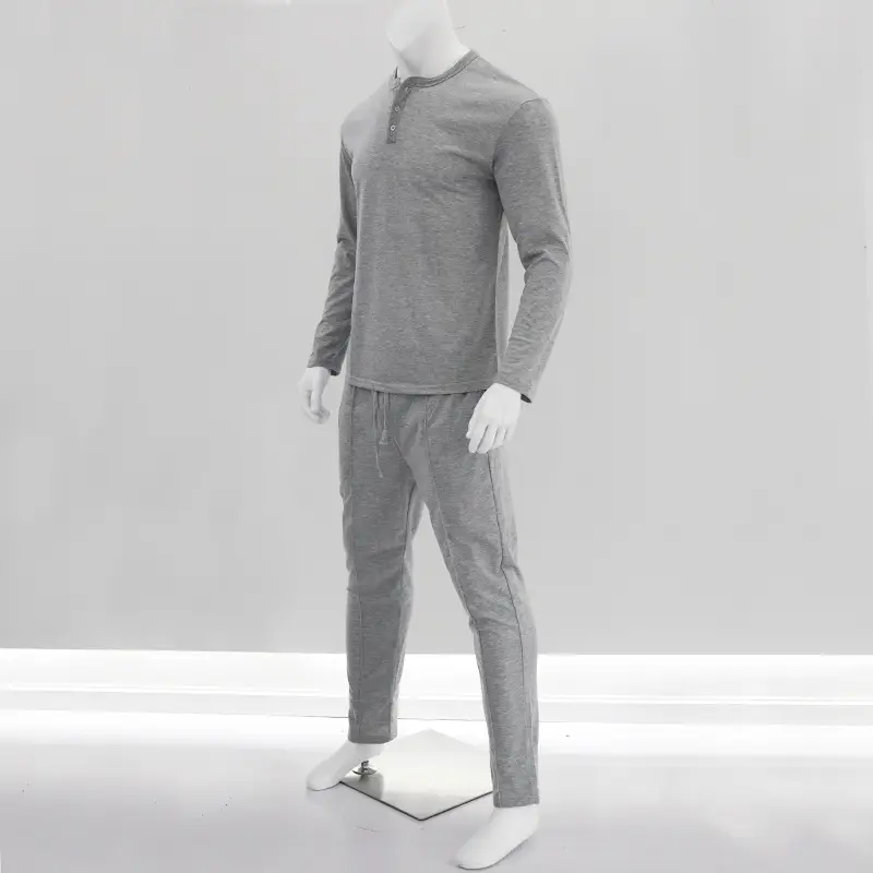Men Long Sleeve Grey Twill T-Shirt Henry Collar — feature 25
