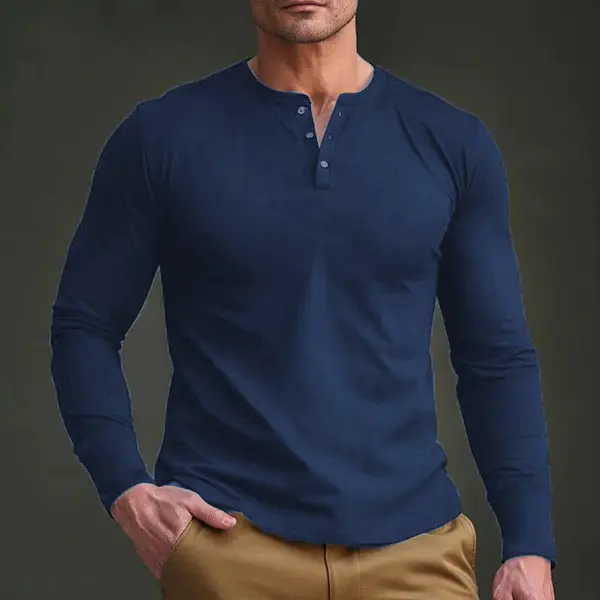 Men Long Sleeve Grey Twill T-Shirt Henry Collar — feature 32