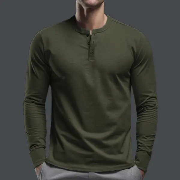 Men Long Sleeve Grey Twill T-Shirt Henry Collar — feature 38