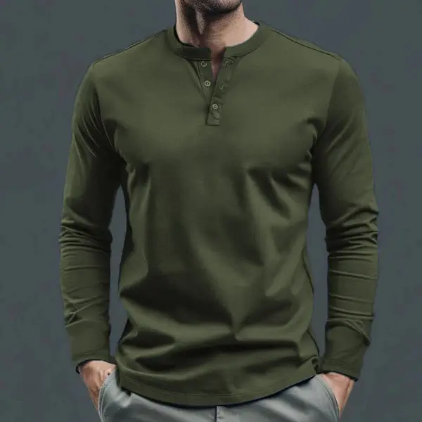 Men Long Sleeve Grey Twill T-Shirt Henry Collar — feature 39