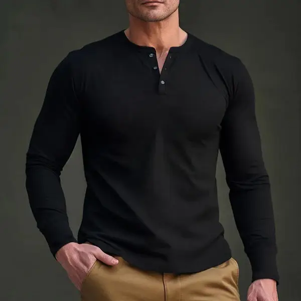 Men Long Sleeve Grey Twill T-Shirt Henry Collar — feature 44