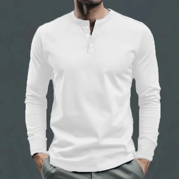 Men Long Sleeve Grey Twill T-Shirt Henry Collar — feature 5