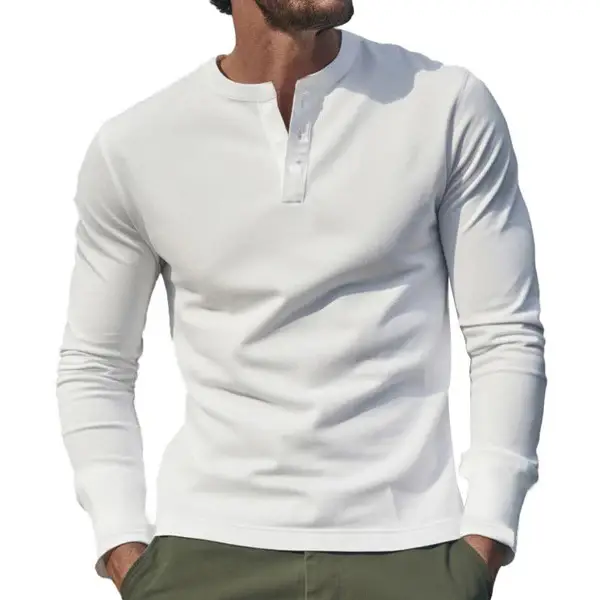 Men Long Sleeve Grey Twill T-Shirt Henry Collar — feature 6